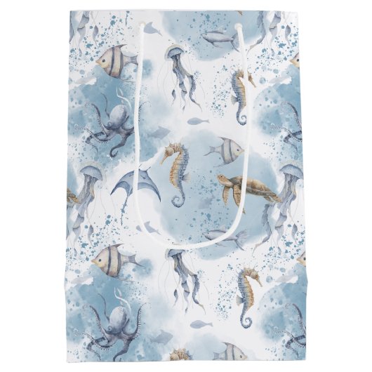 Whimsical Underwater World – Sea Creatures Pattern ミディアムペーパーバッグ (裏面)