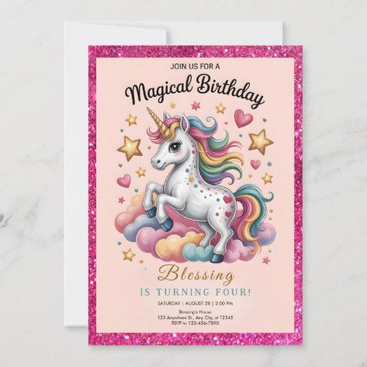 Whimsical Unicorn 4th Birthday 招待状 (正面)