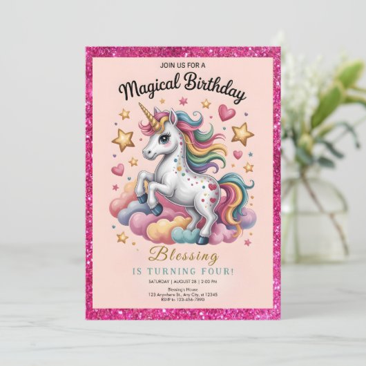 Whimsical Unicorn 4th Birthday 招待状 (スタンド正面)