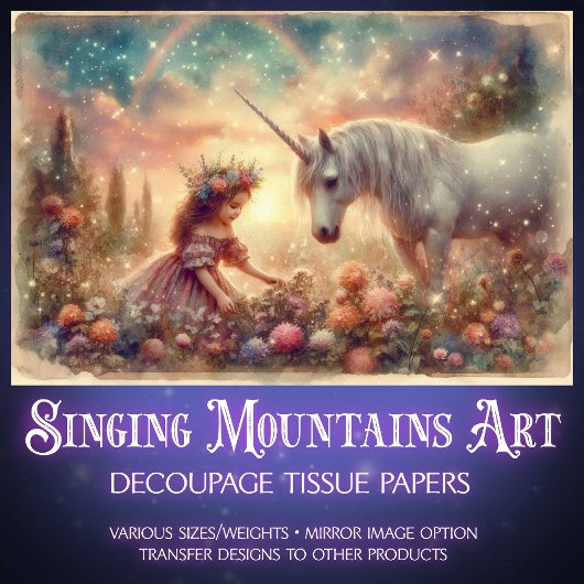 Whimsical Unicorn And Girl Fantasy Art Decoupage 薄葉紙