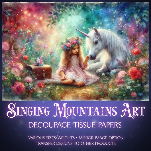 Whimsical Unicorn And Girl In Forest Decoupage 薄葉紙