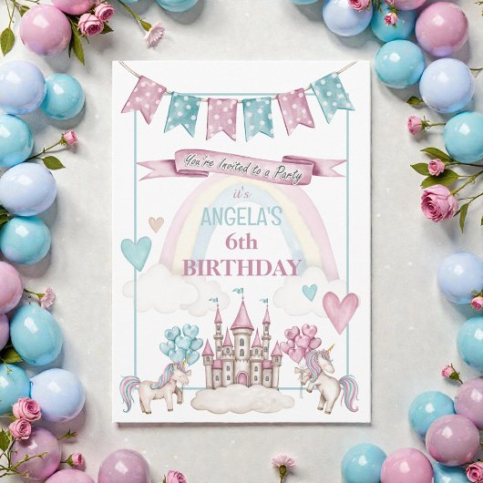 Whimsical Unicorn Castle Birthday Invitation 招待状