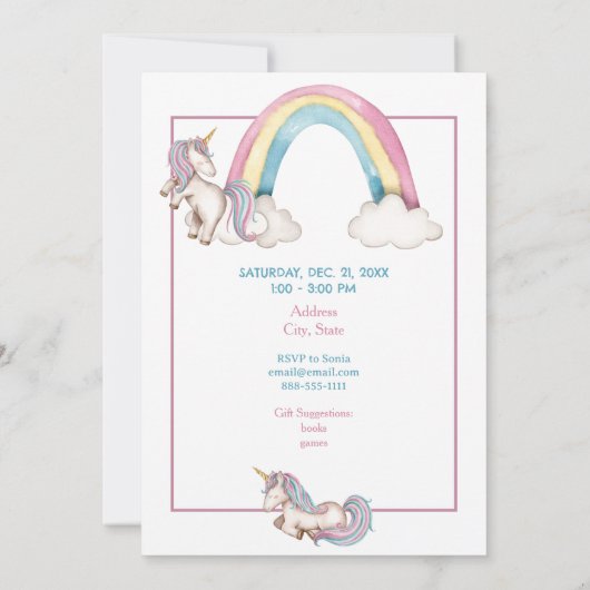 Whimsical Unicorn Castle Birthday  Invitation 招待状 (裏面)