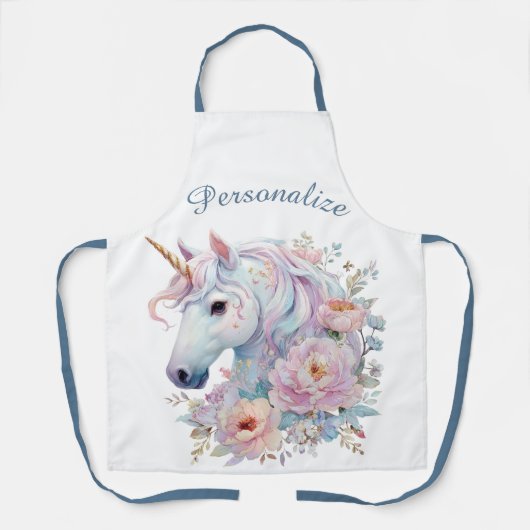 Whimsical Unicorn Floral Personalized Name エプロン (正面)