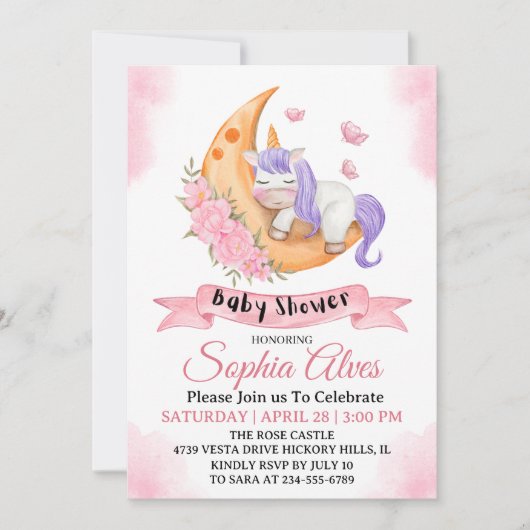 Whimsical Unicorn Moon Baby Shower For Baby Girl 招待状 (正面)