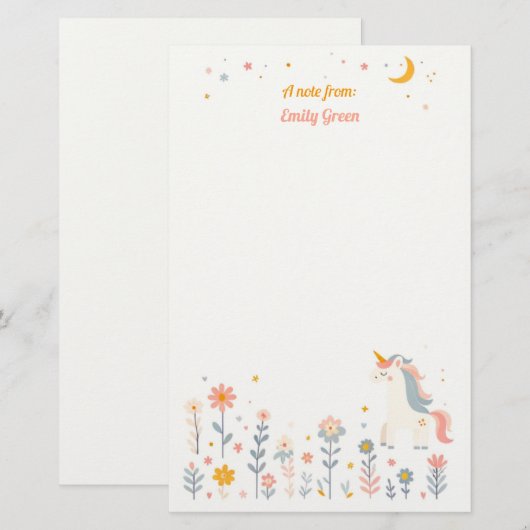 Whimsical Unicorn Night Garden Stationery 便箋 (正面/裏面)