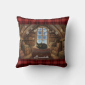 Whimsical Vintage Black Cat at the Attic クッション (裏面)