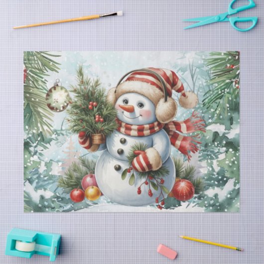 Whimsical Vintage Decoupage Christmas Snowman 薄葉紙 (クラフト)