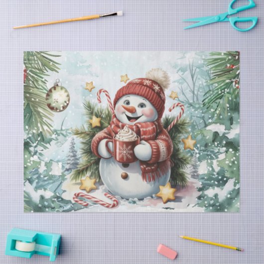 Whimsical Vintage Decoupage Christmas Snowman 薄葉紙 (クラフト)