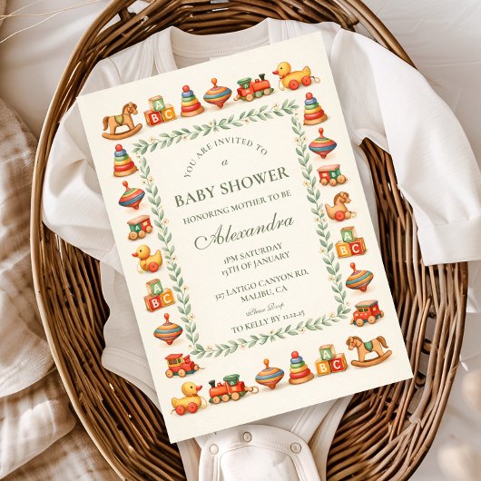 Whimsical Vintage Toy Baby Shower 招待状