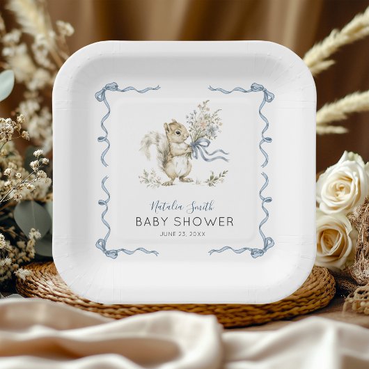 Whimsical Watercolor Blue Squirrel Baby Shower ペーパープレート