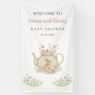 Whimsical Watercolor Bunny Tea Party Baby Shower 横断幕