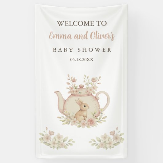 Whimsical Watercolor Bunny Tea Party Baby Shower 横断幕 (縦)
