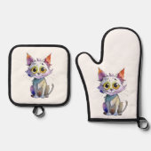 Whimsical Watercolor Cat 鍋つかみ&鍋敷きセット (正面)