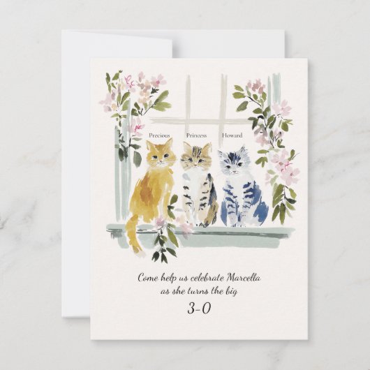 Whimsical Watercolor Cats Birthday Party | 招待状 (正面)