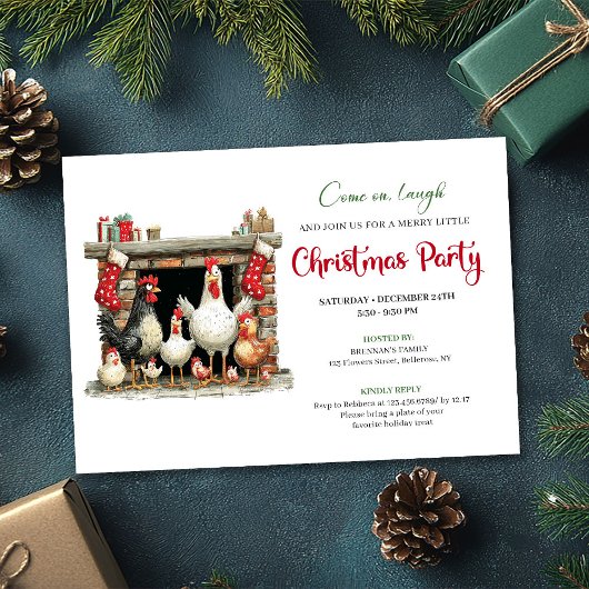 Whimsical Watercolor Chickens Christmas Party  招待状