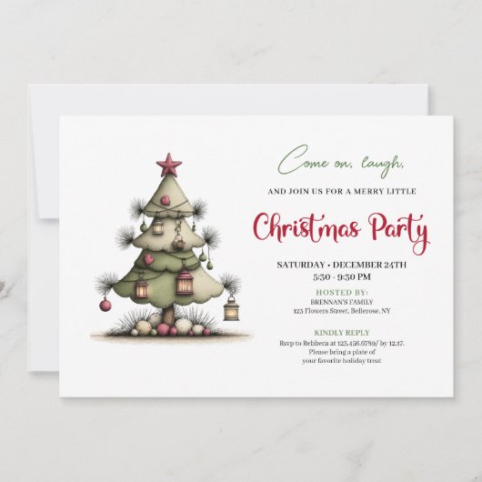 Whimsical Watercolor Christmas Tree Party Invite 招待状 (正面)