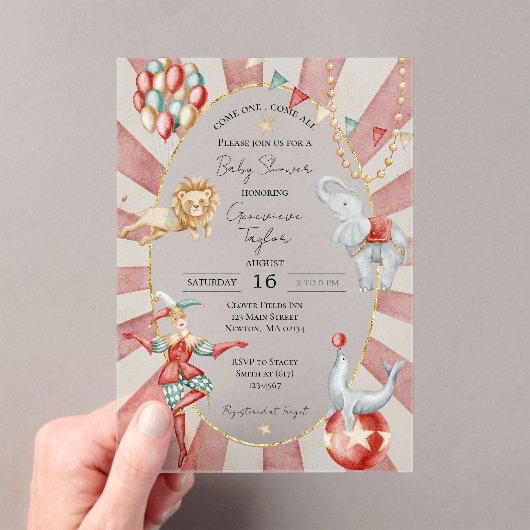 Whimsical Watercolor Circus Carnival Baby Shower アクリル招待状 (インサイチュ (ポータブル))