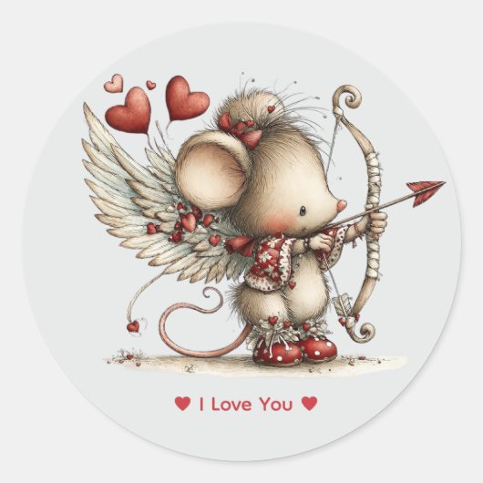 Whimsical Watercolor Cupid Mouse Love Sticker ラウンドシール (正面)