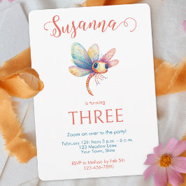 Whimsical Watercolor Dragonfly Girl's Birthday 招待状