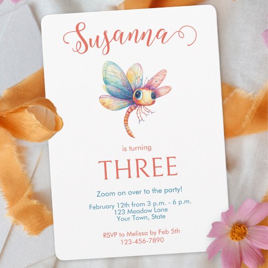 Whimsical Watercolor Dragonfly Girl's Birthday 招待状