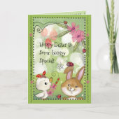 Whimsical Watercolor Easter Bunny & Chick Meadow シーズンカード (正面)