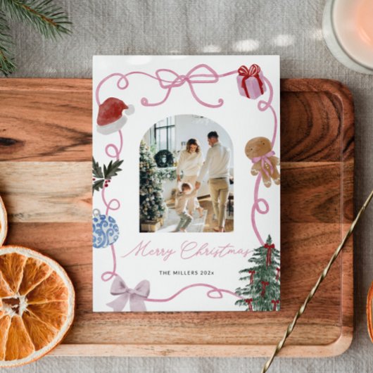 Whimsical Watercolor Family Photo Christmas シーズンカード