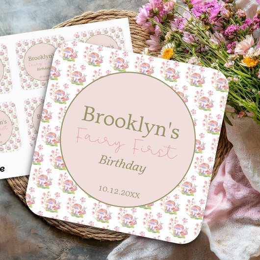 Whimsical Watercolor Floral Mushroom Fairy First スクエアシール