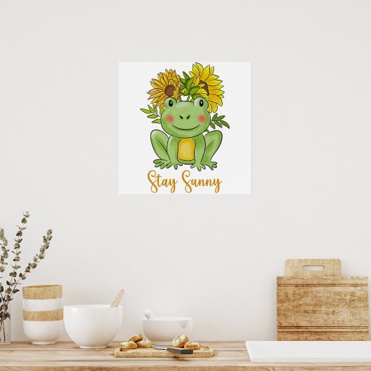 Whimsical Watercolor Frog And Sunflowers  ポスター (キッチン)