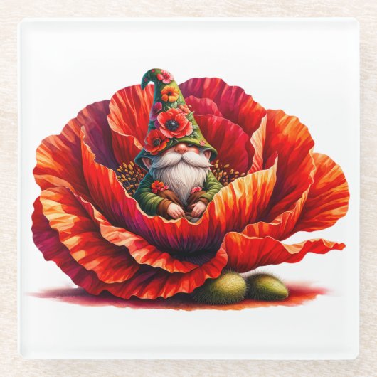 Whimsical Watercolor Garden Gnome ガラスコースター (正面)