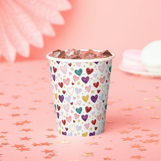 Whimsical Watercolor Hearts & Golden Glint 紙コップ (インサイチュ)