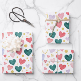 Whimsical Watercolor Hearts & Golden Glitz ラッピングペーパーシート