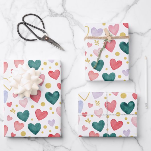 Whimsical Watercolor Hearts & Golden Glitz ラッピングペーパーシート (正面)