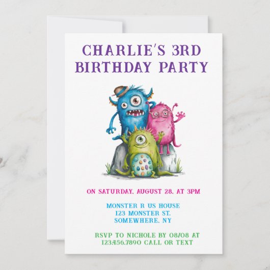 whimsical watercolor monsters children's birthday 招待状 (正面)