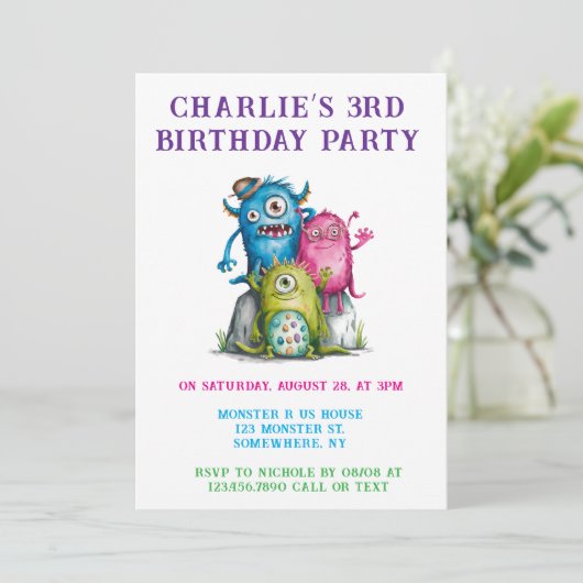 whimsical watercolor monsters children's birthday 招待状 (スタンド正面)