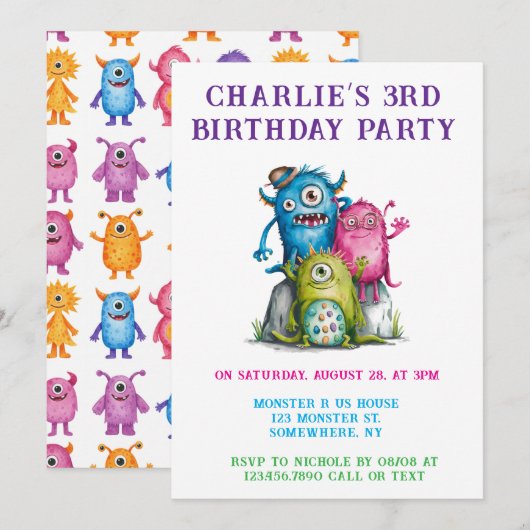  whimsical watercolor monsters children's birthday 招待状 (正面/裏面)