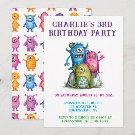  whimsical watercolor monsters children's birthday 招待状