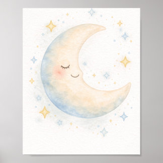 Whimsical watercolor moon and stars nursery ポスター