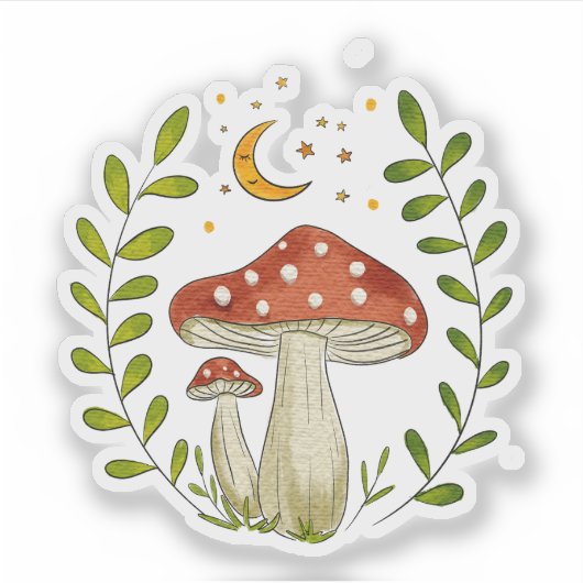 Whimsical Watercolor Mushroom and Moon シール (正面)