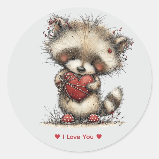 Whimsical Watercolor Raccoon Love Sticker ラウンドシール (正面)
