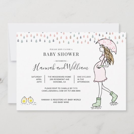 Whimsical Watercolor Rainy Day Baby Shower 招待状 (正面)