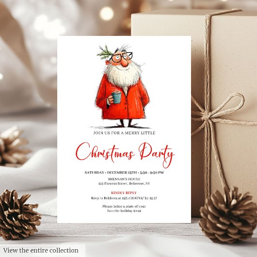 Whimsical Watercolor Santa Funny Holiday Invite 招待状