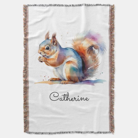 Whimsical Watercolor Squirrel Personalized スローブランケット (正面縦)
