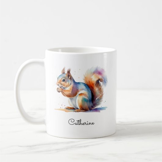 Whimsical Watercolor Squirrel Personalized Name コーヒーマグカップ (左)