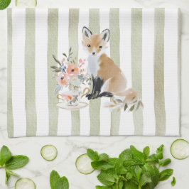 Whimsical Watercolor Tea Time Fox Kitchen Towels キッチンタオル