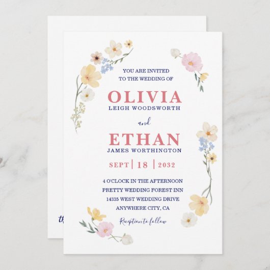 Whimsical Watercolor Wildflower Floral Spring 招待状 (正面/裏面)