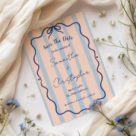 whimsical wavy frame blue bow retro stripe weddin セーブザデート