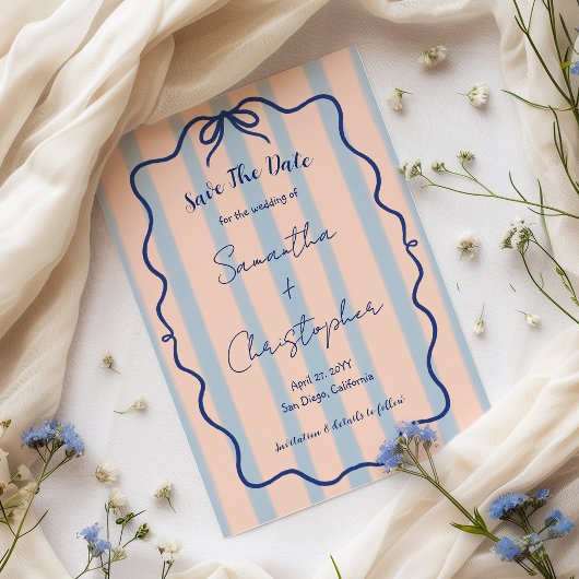  whimsical wavy frame blue bow retro stripe weddin セーブザデート