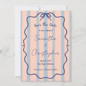  whimsical wavy frame blue bow retro stripe weddin セーブザデート (正面)
