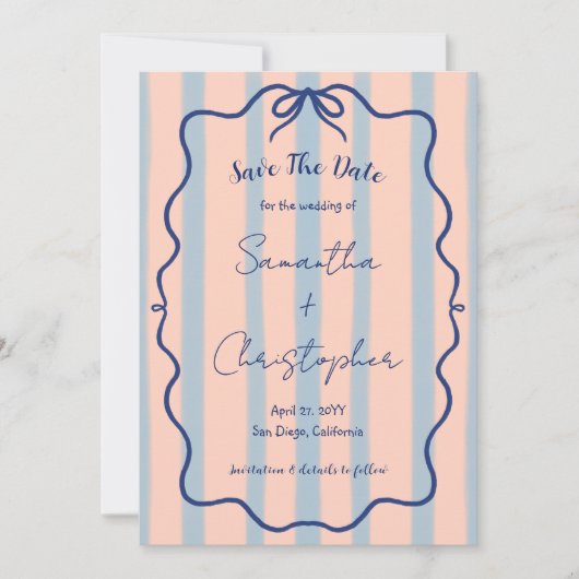  whimsical wavy frame blue bow retro stripe weddin セーブザデート (正面)